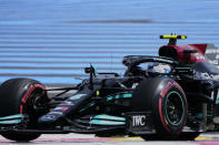 Mercedes driver Valtteri Bottas of Finland steers his car during the second free practice for the French Formula One Grand Prix at the Paul Ricard racetrack in Le Castellet, southern France, Friday, June 18, 2021. The French Grand Prix will be held on Sunday. (AP Photo/Francois Mori)