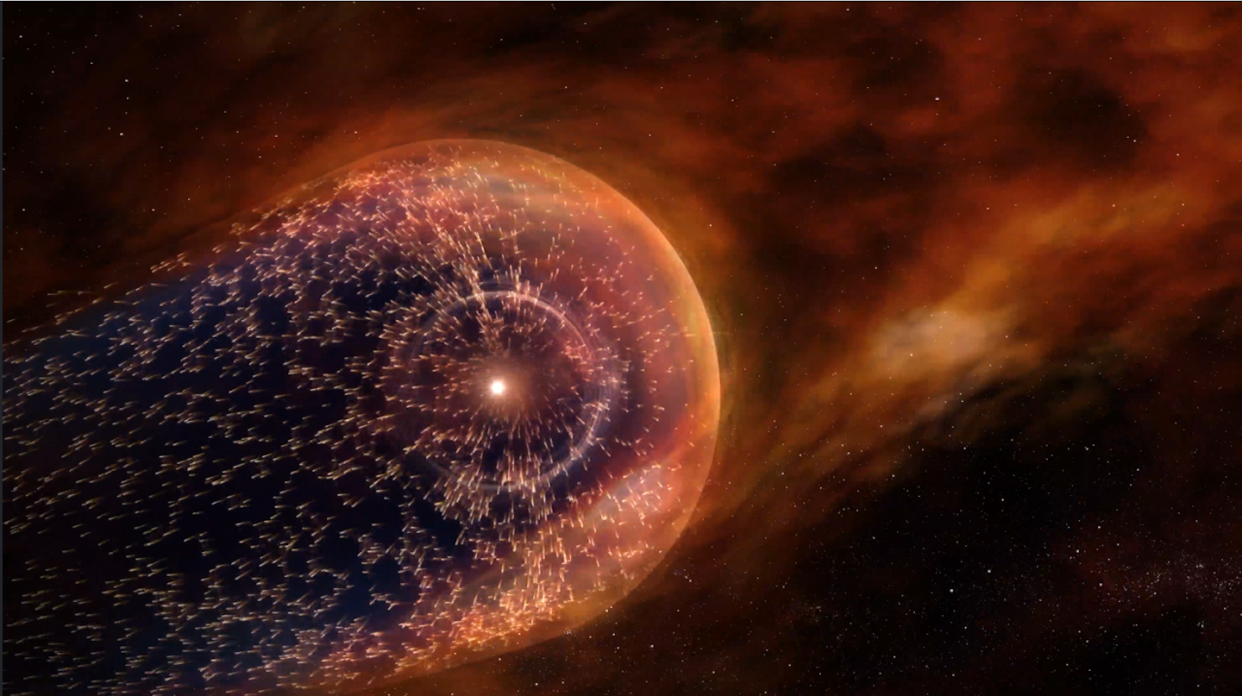 An artist's depiction of the heliosphere, the Sun's region of influence in space. Little is known of the actual shape of the heliosphere. <a href="https://svs.gsfc.nasa.gov/20363/" rel="nofollow noopener" target="_blank" data-ylk="slk:NASA;elm:context_link;itc:0;sec:content-canvas" class="link ">NASA</a>