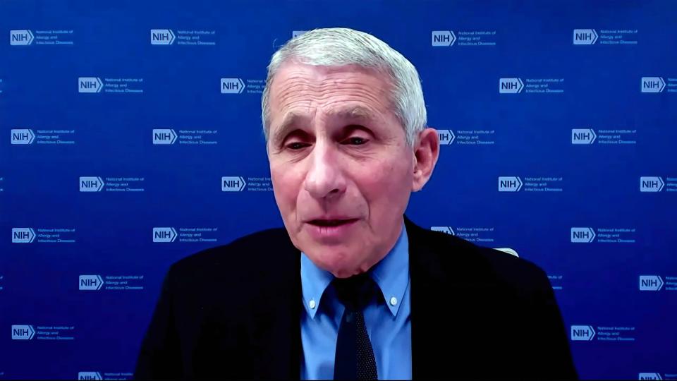 Dr. Anthony Fauci, director of the National Institute of Allergy and Infectious Diseases and chief medical adviser to the president, speaks via video conference during a White House briefing on the Biden administration's response to the COVID-19 pandemic, Jan. 27, 2021.