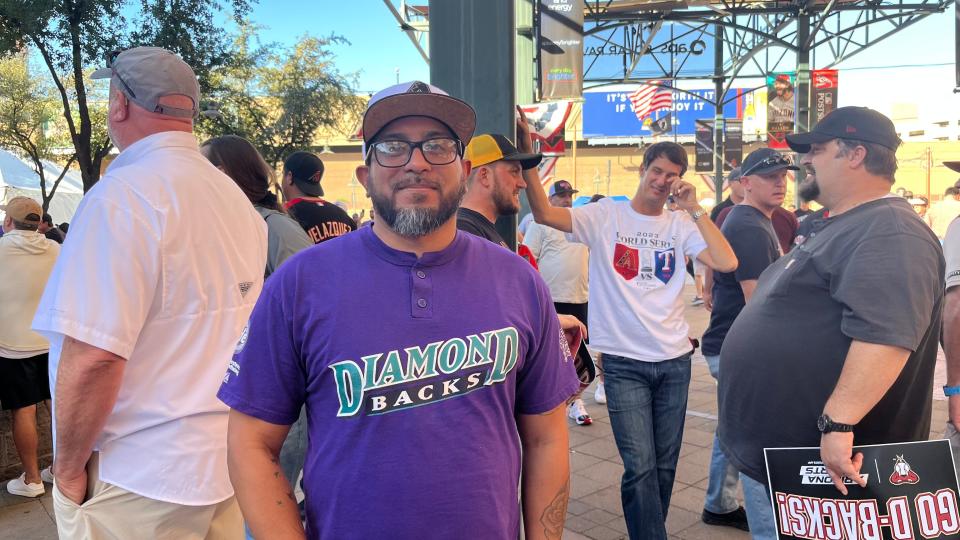 Jose Botello, who has been a Diamondbacks fan since the team's inception, outside of Chase Field before Game 4 of the World Series against the Texas Rangers in Phoenix on Oct. 31, 2023.