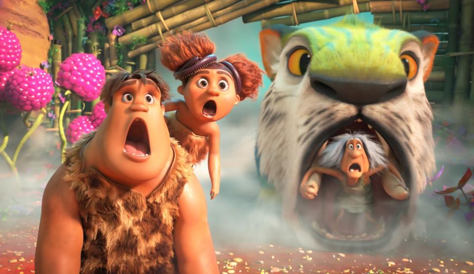 Thunk, Sandy and Gran in The Croods: A New Age.  (Movie still: United International Pictures)