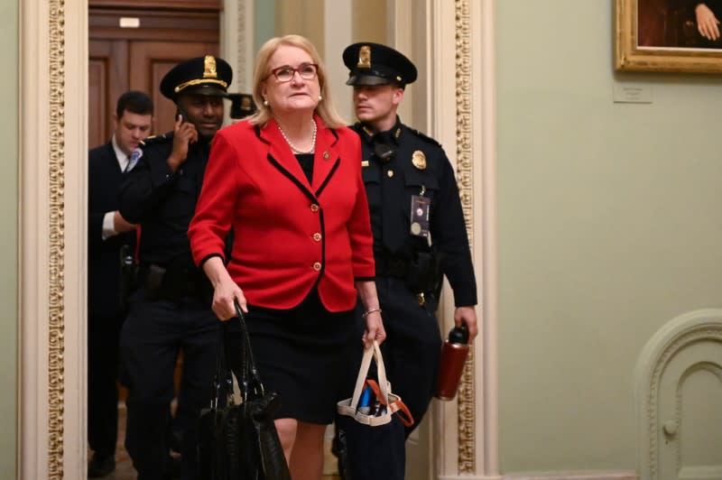 House impeachment manager Rep. Garcia exits the Senate chamber after the third day of the Senate impeachment trial of President Trump