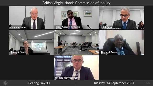 Video grab taken from the YouTube channel of BVI Commission of Inquiry of Conservative MP Sir Geoffrey Cox attending the British Virgin Islands Commission of Inquiry, where he was representing BVI Government ministers, remotely on September 14