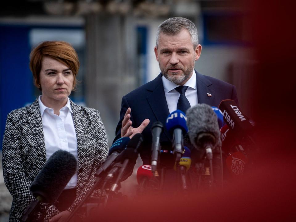 Slovakia’s president-elect Peter Pellegrini speaks to reporters on Thursday to try and calm tensions (AFP via Getty Images)