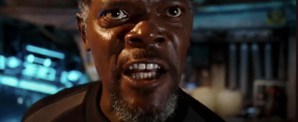 Samuel L. Jackson delivers a dramatic expression in a close-up shot from a movie scene