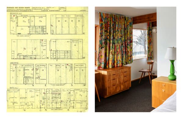 From left: Neutra’s original drawings for the Mosby House