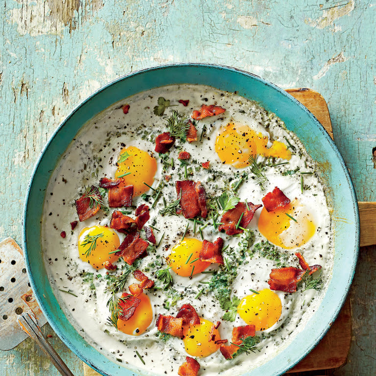 Creamy Baked Eggs with Herbs and Bacon