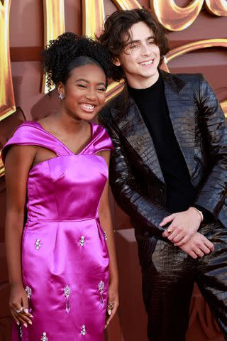 <p>MICHAEL TRAN/AFP via Getty </p> Timothee Chalamet and Calah Lane arrive for the US premiere of Wonka.