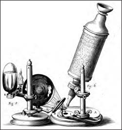 An illustration of the compound two-lensed microscope used by Robert Hooke. Note the brass tube, which held two lenses, a flame with a series of mirrors as a constant source of light, and the specimen mounted at the bottom of the tube. / Credit: Scribner