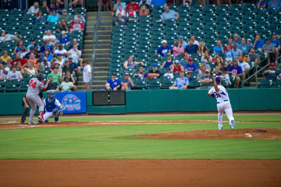 Tennessee pitcher Anderson Espinoza (38) throws during a game against the Rocket City Trash Pandas at Smokies Stadium in Kodak, Tennessee, in 2022.