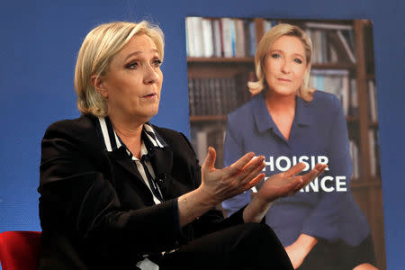 Marine Le Pen, French National Front (FN) candidate for 2017 presidential election, speaks during an interview with Reuters in Paris, France, May 2, 2017. REUTERS/Charles Platiau