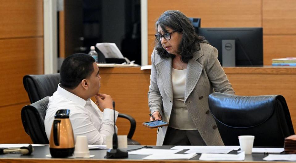 Octavio Banos with his attorney, Connie Mederos-Jacobs, during jury selection for his trial for attempted second-degree murder with a firearm for a shooting at the Ellenton Premiere Outlets on July 17, 2022. Banos appeared in the Manatee County Judicial Center courtroom for his trial on March 25, 2024.