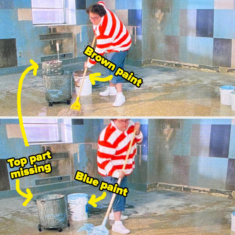 in one scene it's brown paint and in the other it's blue paint