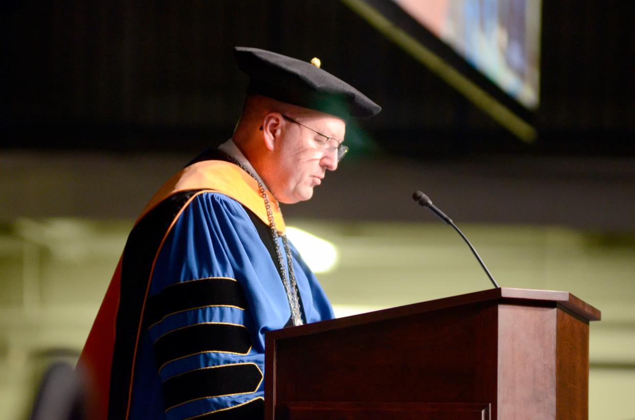 North Central President David Roland Finley addresses the Class of 2023 on May 5, 2023 during the college's commencement ceremony.