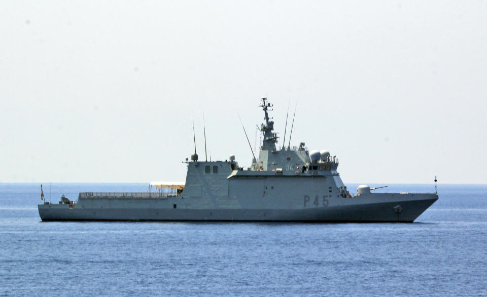 The Spanish Navy's vessel Audaz, is seen in the port of Lampedusa, Italy, Saturday, Aug. 24, 2019. The Spanish ship will take charge of 15 of the migrants rescued by Spanish NGO Open Arms' ship. (Elio Desiderio/ANSA via AP)