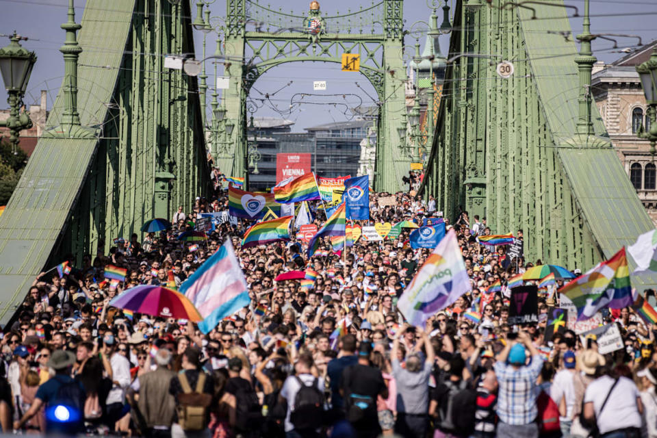 <div class="inline-image__caption"><p>Demonstrators march on Liberty Bridge during the annual Pride parade in Budapest, Hungary, on Saturday, July 24, 2021.</p></div> <div class="inline-image__credit">Akos Stiller/Bloomberg via Getty Images</div>