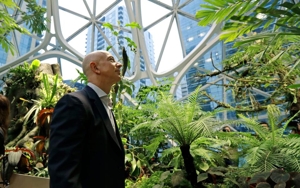 Jeff Bezos visits the Amazon Spheres in Seattle - AP Photo/Ted S. Warren