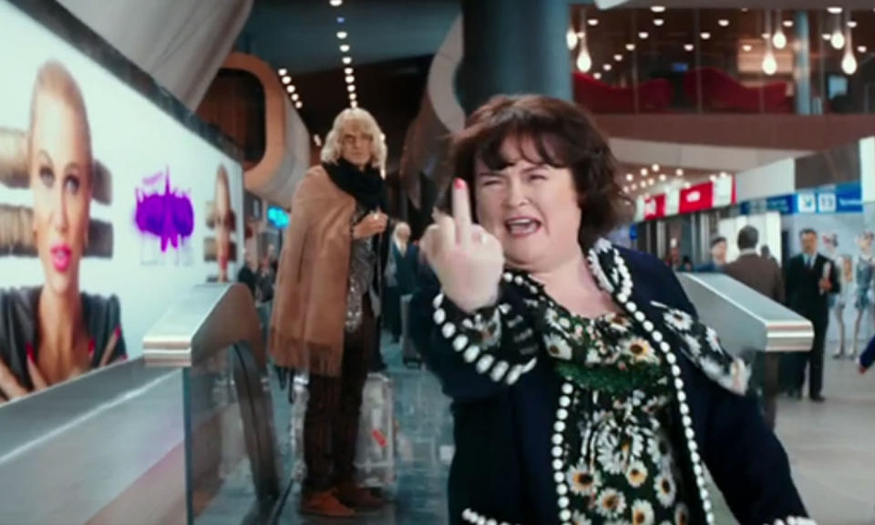 <p>“Take a picture of that, vultures!”<br>The only silver lining in this abysmal sequel to Zoolander is Susan Boyle’s cameo. The film is filled with celebrity faces but the one with the Britain’s Got Talent singer is the best. Hansel and Derek are at the airport ready to face the paparazzi but it’s not them they’re interested in, it’s Susan, who barges by and flips the photographers the birdie. Classic. </p>