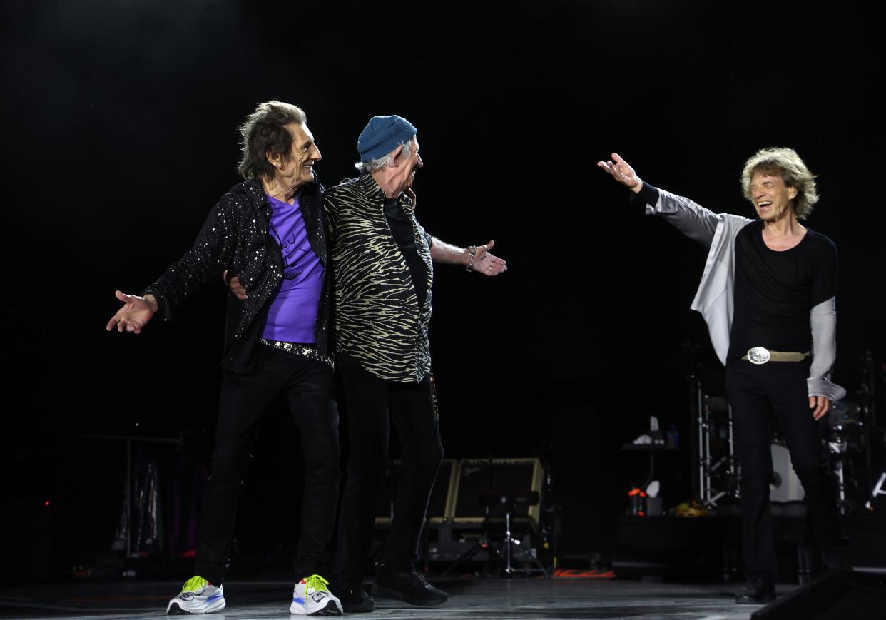 Ronnie Wood, Keith Richards and Mick Jagger take a bow at the opening night of their 2024 tour at NRG Stadium in Houston April 28, 2024.