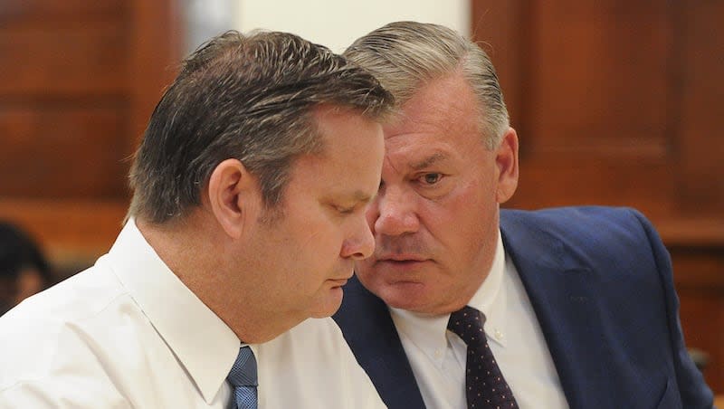 John Prior speaks with Chad Daybell during a hearing in August 2020. An FBI agent testified Monday about phone data from the days when two children were believed to have been killed. Other relatives testified about his demeanor at his wife's funeral.