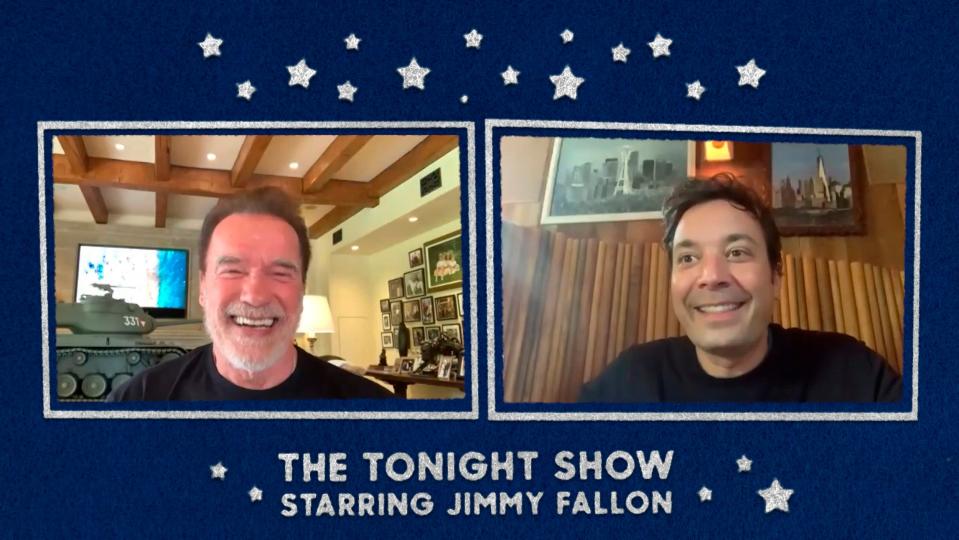 Arnold Schwarzenegger appearing remotely on “The Tonight Show” with Jimmy Fallon.