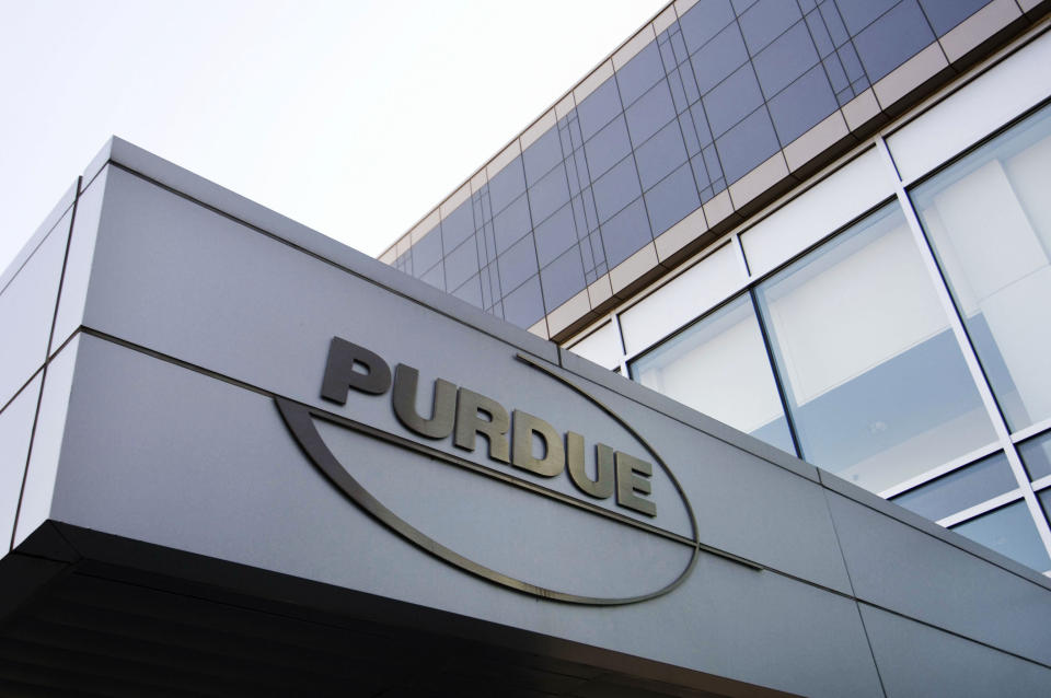 FILE - This Tuesday, May 8, 2007 file photo shows the Purdue Pharma logo at their offices in Stamford, Conn. The company that has made billions selling the prescription painkiller OxyContin says it is considering bankruptcy as one of several possible legal options, in an email to The Associated Press. (AP Photo/Douglas Healey, File)