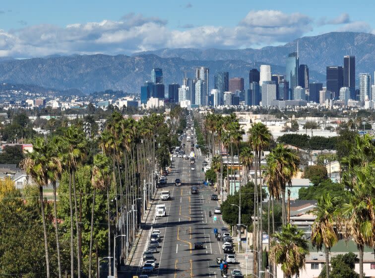 LOS ANGELES, CA - NOVEMBER 09: The passing storm left the Southland with clear views such as this looking north along Avalon Boulevard in South Los Angeles. The drenching storm set rainfall records in parts of the area, with forecasters saying some light Santa Ana winds will push temperatures up slightly during daylight hours later this week, but chilly temperatures could still prevail at night. Photographed on Wednesday, Nov. 9, 2022 in Los Angeles, CA. (Myung J. Chun / Los Angeles Times)