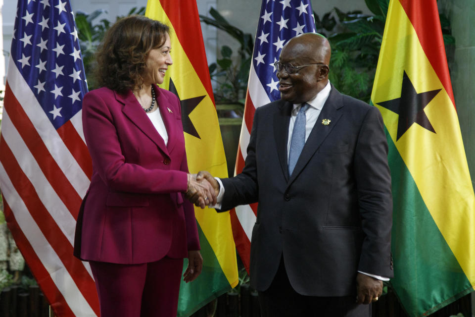 U.S. Vice President Kamala Harris is welcomed by Ghana's President Nana Akufo-Addo in Accra, Ghana, March 27, 2023. / Credit: Misper Apawu/AP