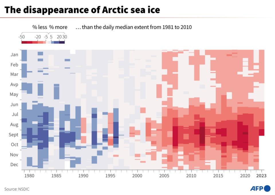<span>A graphic shows the change in percentage of Arctic sea ice from 1979 to 2023 compared to the period 1981-2010 -- with gains highlighted in blue and losses represented by shades of red</span><div><span>Valentin RAKOVSKY</span><span>Sabrina BLANCHARD</span><span>AFP</span></div>