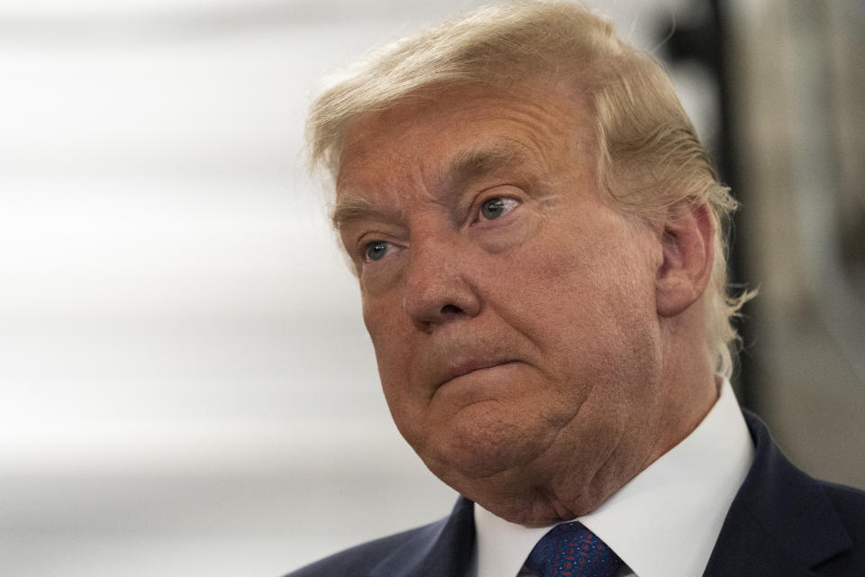 President Donald Trump pauses while speaking at the Trump campaign headquarters on Election Day, Tuesday, Nov. 3, 2020, in Arlington, Va. (AP Photo/Alex Brandon)