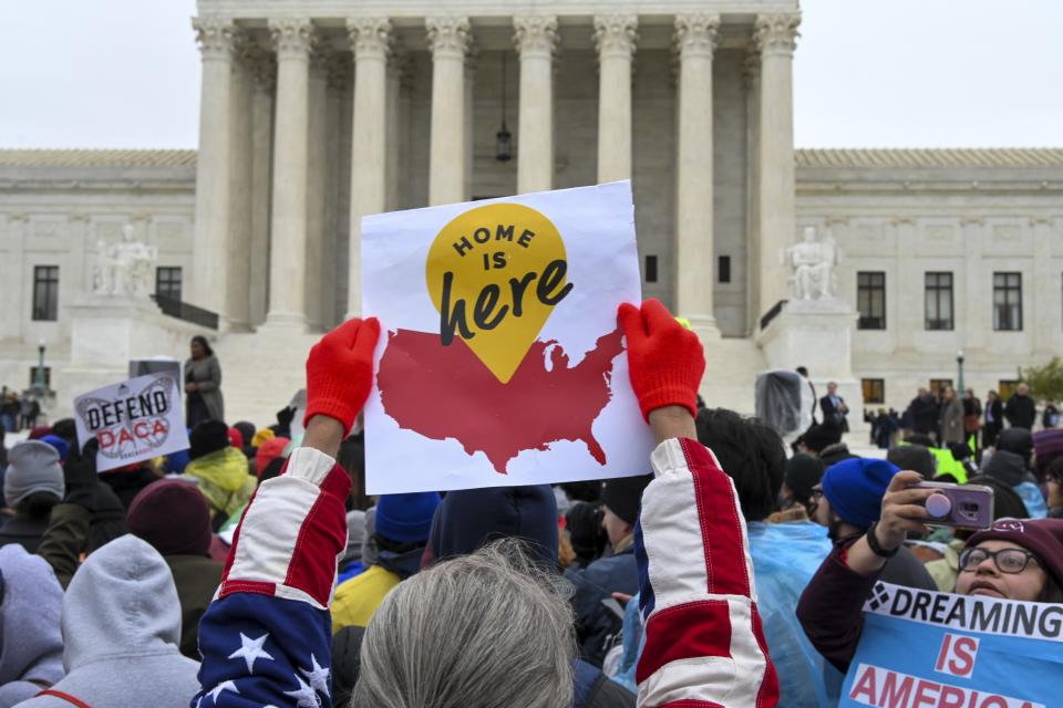 WASHINGTON, DC - NOVEMBER 12: Demonstrators gather in front of the United States Supreme Court, where the Court is hearing arguments on Deferred Action for Childhood Arrivals - DACA - that could impact the fates of nearly 700,000 "dreamers" brought to the United States as undocumented children, on Tuesday, November 12, 2019, in Washington, DC.  The Donald Trump administration has tried for more than two years to wind down the Deferred Action for Childhood Arrivals (DACA) program, announced by President Barack Obama in 2012 to protect from deportation qualified young immigrants who came to the country illegally. (Photo by Jahi Chikwendiu/The Washington Post via Getty Images)