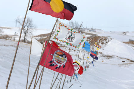 Tribal flags catch the wind in the opposition camp against the Dakota Access oil pipeline near Cannon Ball, North Dakota, U.S., February 8, 2017. REUTERS/Terray Sylvester