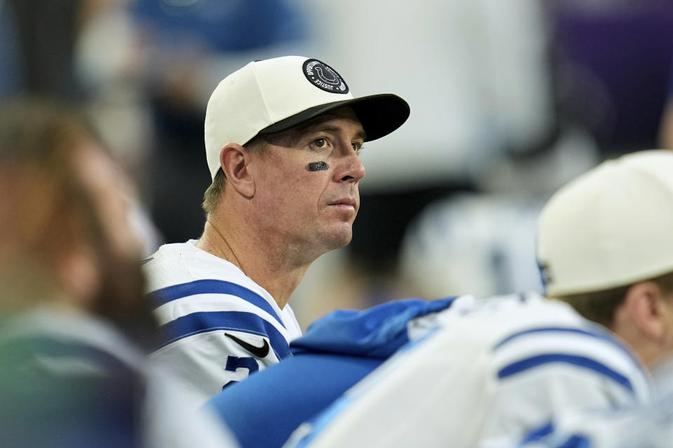 Indianapolis Colts quarterback Matt Ryan sits on the bench during the second half of an NFL football game against the Minnesota Vikings, Saturday, Dec. 17, 2022, in Minneapolis. (AP Photo/Abbie Parr)