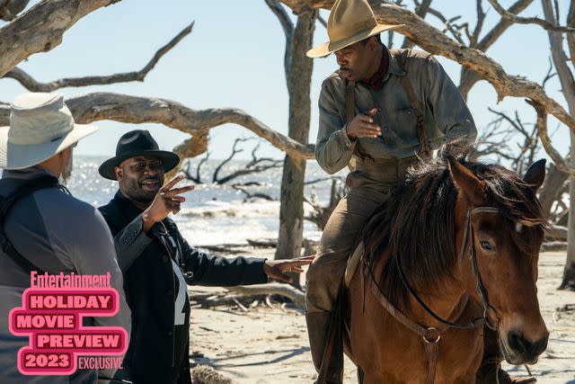 <p>Eli AdeÂ´</p> Blitz Bazawule (center) and Colman Domingo (right) on the set of 'The Color Purple'