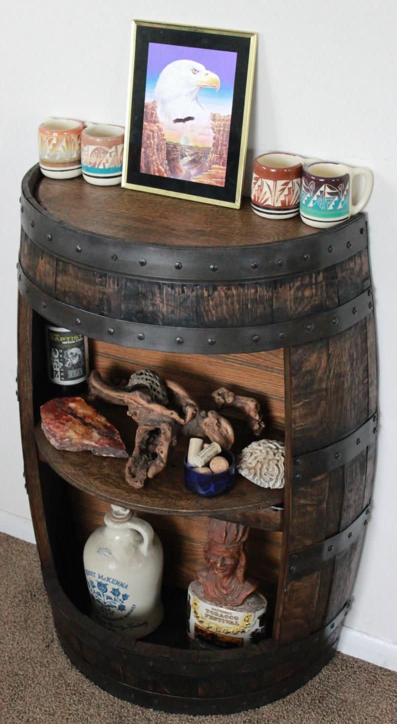 1) Whiskey Barrel Half Bar Large 53 Gallon, Bourbon Barrel, Wine Barrel Shelf, Liquor Cabinet, Home Bar, Man Cave, Rustic, Reclaimed, CraftBeer