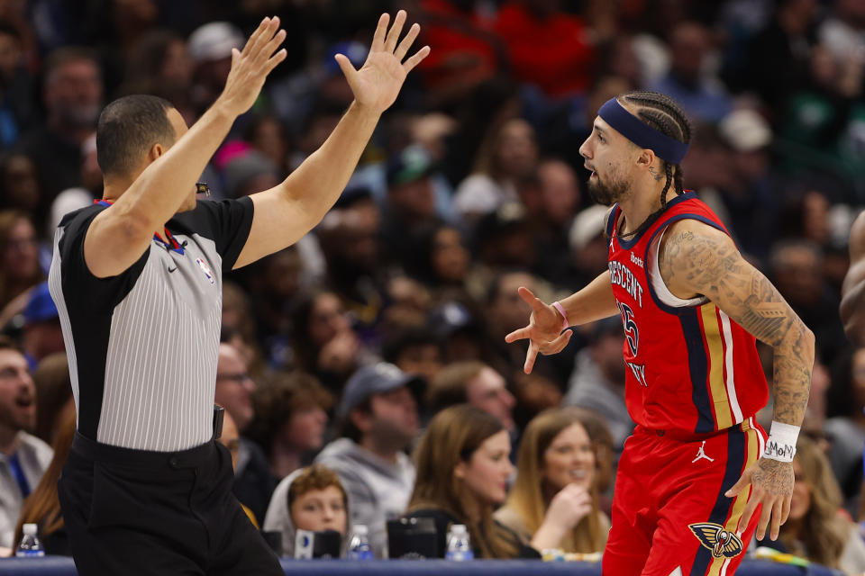 New Orleans Pelicans guard Jose Alvarado (15) celebrates a 3-pointer against the Dallas Mavericks during the second half of an NBA basketball game Saturday, Jan. 13, 2024, in Dallas. (AP Photo/Brandon Wade)