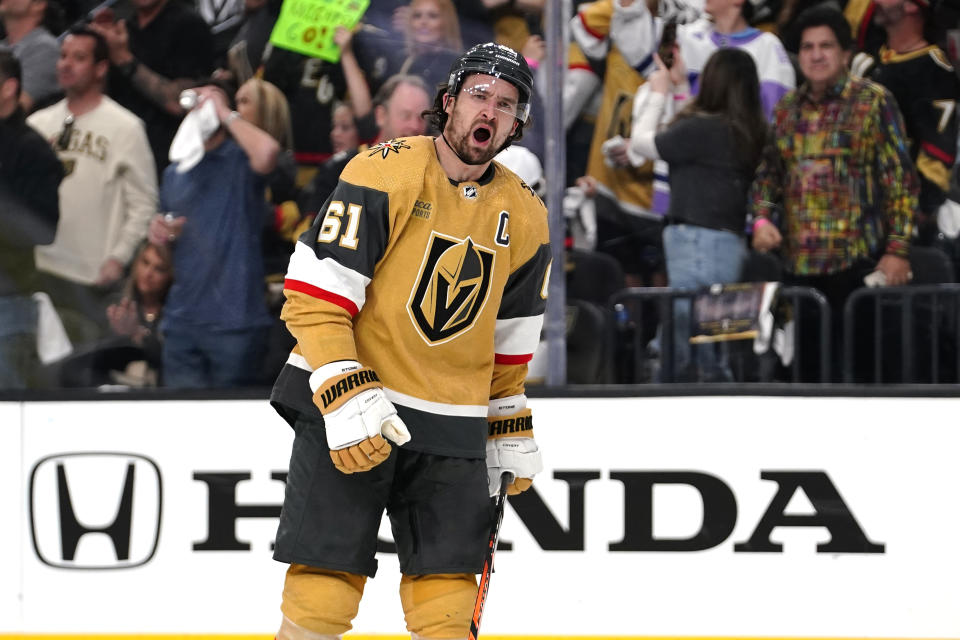 Vegas Golden Knights right wing Mark Stone celebrates his goal against the Winnipeg Jets during the third period of Game 2 of an NHL hockey Stanley Cup first-round playoff series Thursday, April 20, 2023, in Las Vegas. (AP Photo/Lucas Peltier)