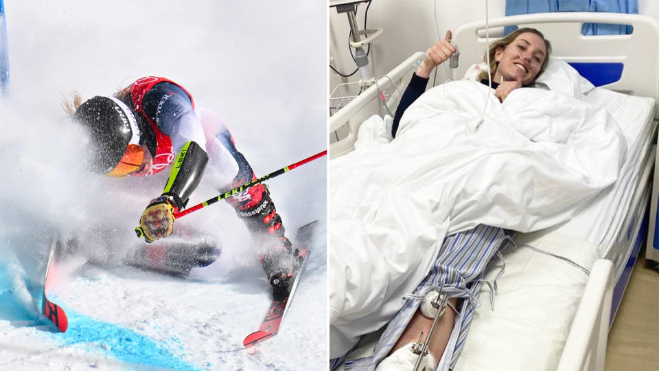 Nina O'Brien had surgery in China after a shocking high-speed crash in the women's giant slalom at the Winter Olympics. Pic: Getty/Instagram