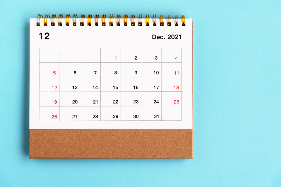a calendar of December