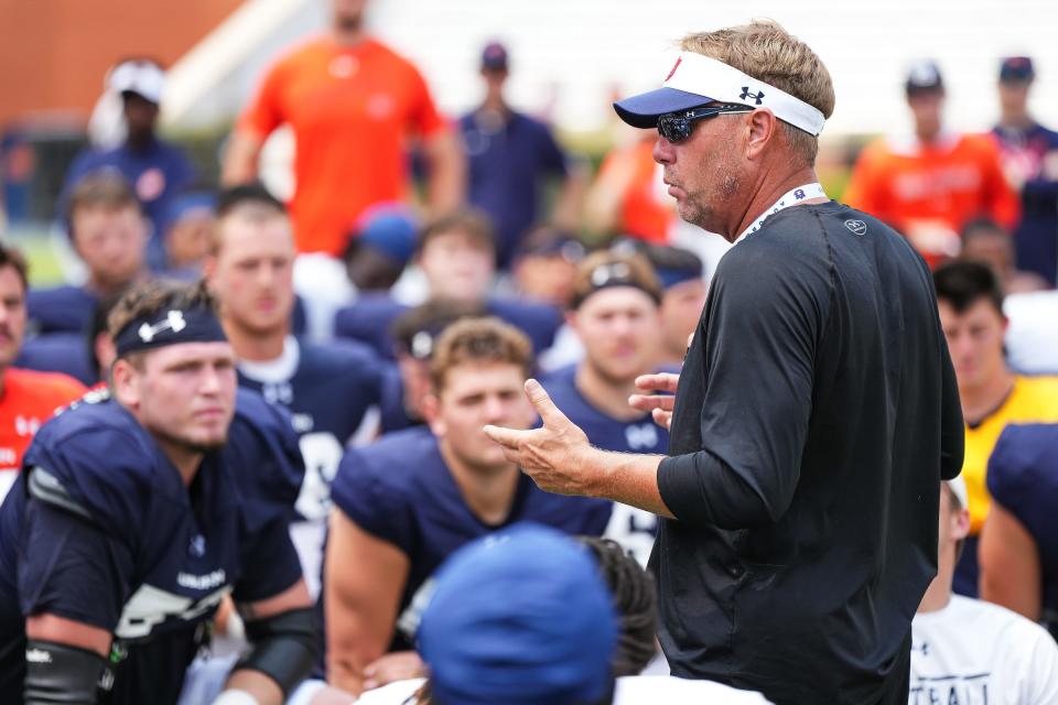 Auburn coach Hugh Freeze during an Auburn Football scrimmage at Jordan-Hare Stadium on Aug. 19, 2023.