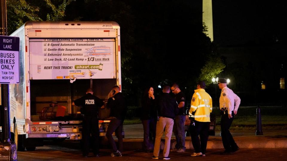 PHOTO: The U.S. Secret Service and other law enforcement agencies investigate a rented box truck that crashed into security barriers at Lafayette Park across from the White House in Washington, May 23, 2023. (Nathan Howard/Reuters)