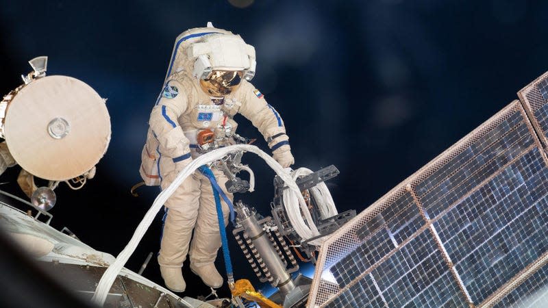 Cosmonaut Sergey Prokopyev performing a spacewalk outside the Zvezda service module on August 15, 2018.