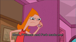 Candace from "Phineas and Ferb" yelling on the phone with the caption "Mom, Phineas and Ferb made me!"