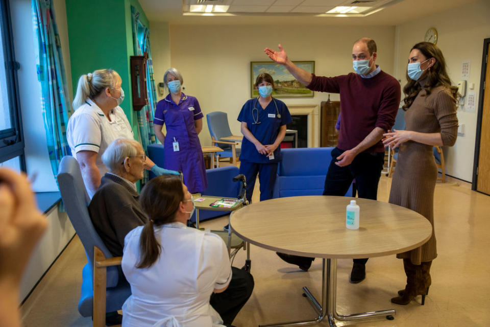 The Duke and Duchess of Cambridge meet patient William Taylor, 94, as they visit NHS staff and patients at Clitheroe Community Hospital. (Getty)