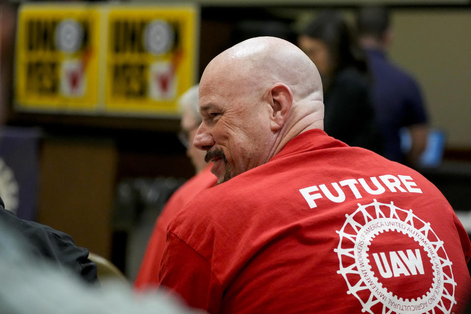 Volkswagen automobile plant employee Charlie Brown waits for the results of a UAW union vote, late Friday, April 19, 2024, in Chattanooga, Tenn. (AP Photo/George Walker IV)