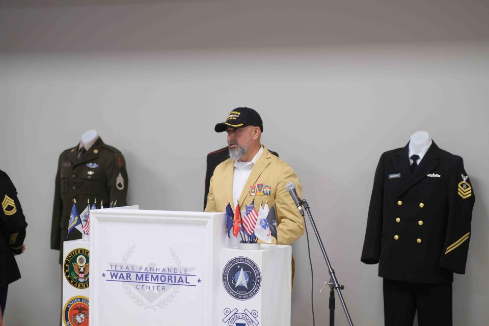 Guest speaker, U.S. Army (Ret.) Cmd. Sgt. Major James Martinez addresses veterans Friday during the Veterans Day Ceremony at the Texas Panhandle War Memorial Center.