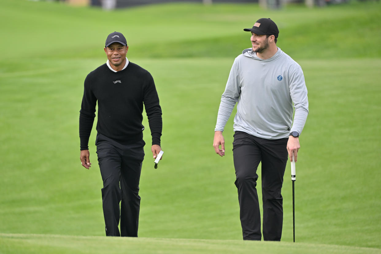 Tiger Woods played a practice round alongside Buffalo Bills quarterback Josh Allen on Wednesday at Riviera Country Club.