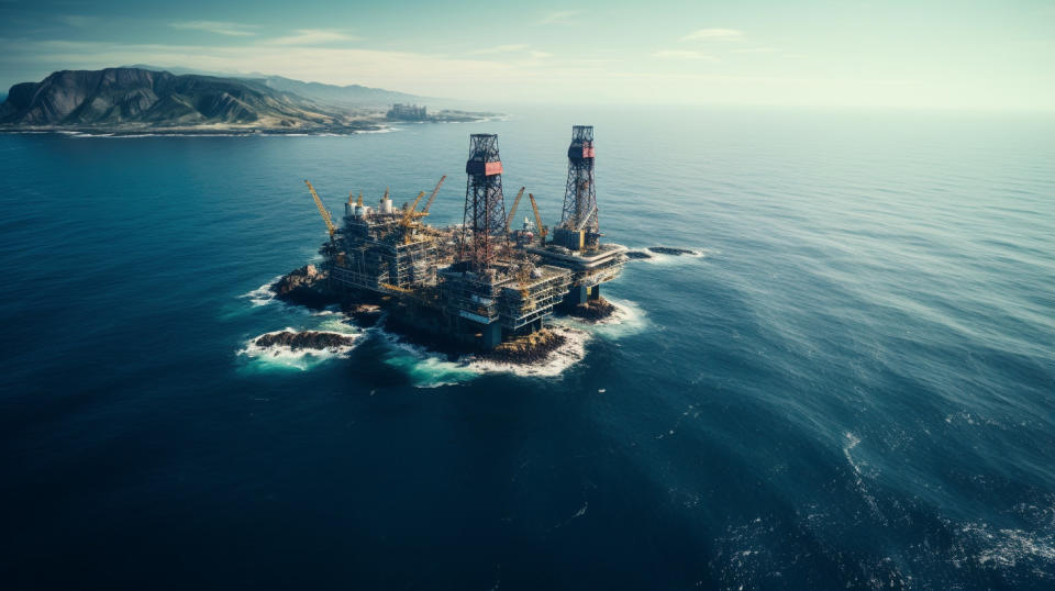 An aerial view of an offshore oil platform against the backdrop of the open sea.