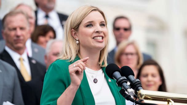PHOTO: Ashley Hinson speaks during the holds the House Republican caucus news conference on the House steps of the Capitol, July 29, 2021. (Bill Clark/CQ-Roll Call, Inc via Getty Images, FILE)