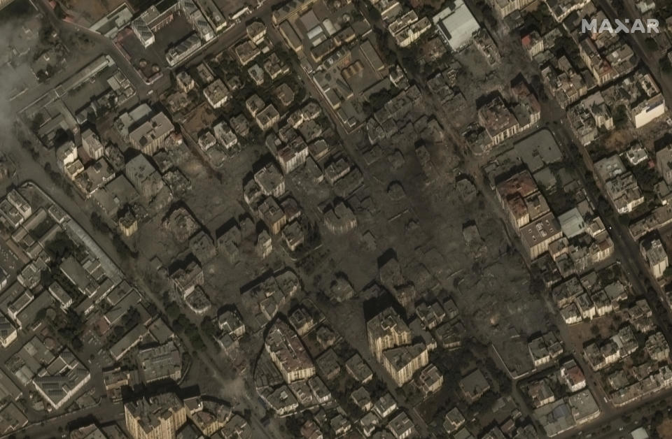 This image provided by Maxar Technologies, shows destroyed residential buildings in Gaza City, Tuesday Oct. 10, 2023. / Credit: Satellite image ©2023 Maxar Technologies via AP